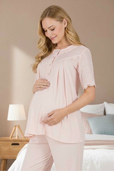 Lohusa Homewear طقم بيجامة للحوامل من الكتان الأنيق باللون الوردي للصيف بأكما...