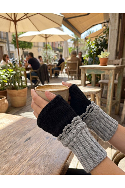Didora Gri-Siyah Örgü Parmaksız Eldiven - Dantel Detaylı