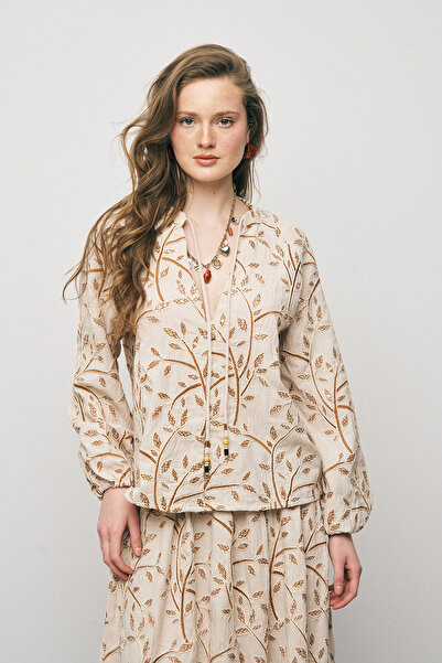 Orfeo Negro Women's Botanical Line Embroidered Balloon Sleeve Bohemian Blouse