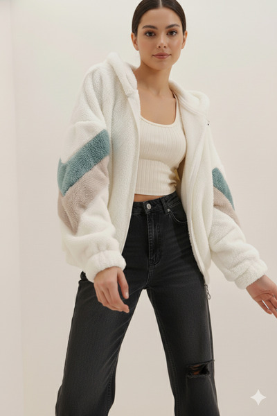 Mila Ecru Hooded Zippered Sleeves Color Block Plush Sweatshirt