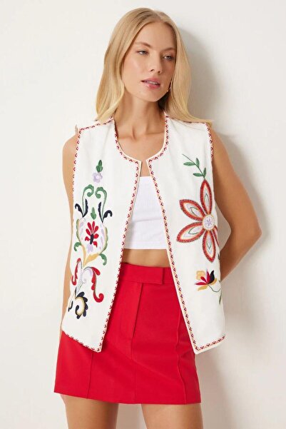 Septemmart Multi-Colored Floral Embroidered 100% Cotton White Bohemian Vest