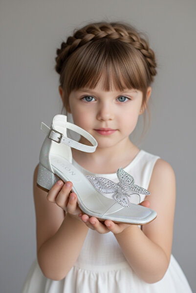 Adım Dünyası Girl's White Evening Dress Sandals with Stone Butterfly Detail a...