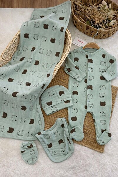 Papyon Baby Kids Ayıcık Kafası Desenli Fitilli Yenidoğan Erkek Bebek 5li Tulu...