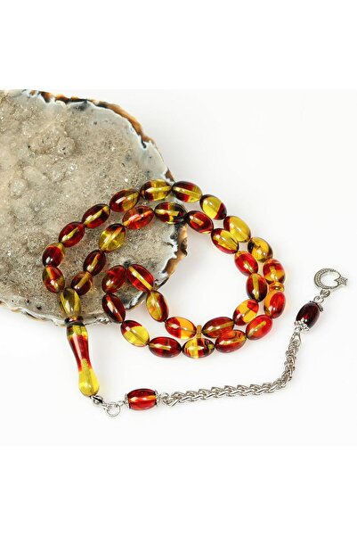 Taş Sandığı Copper Fire – Gold Patterned Steel Tassel Clasped Amber Prayer Be...