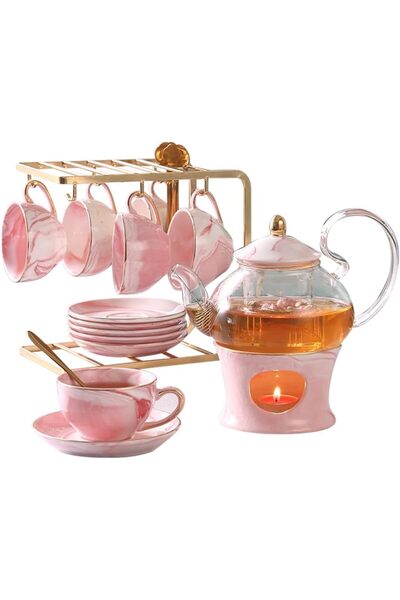 Jouystore 21 Parça Porselen Çay Seti, El Yapımı Altın Kenarlı Mermer Tasarım