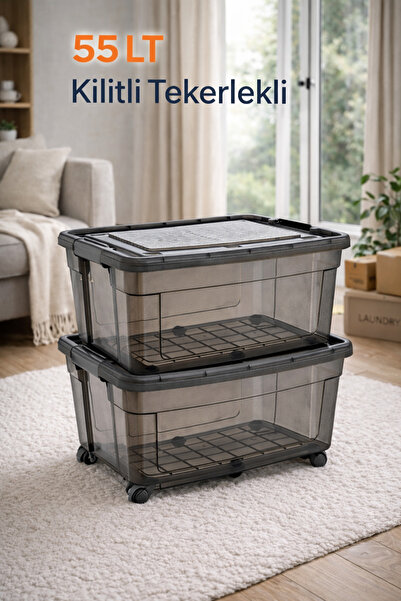 Loremp 55 Lt Wheeled Lockable Storage Box 2 Pieces Storage Organizer