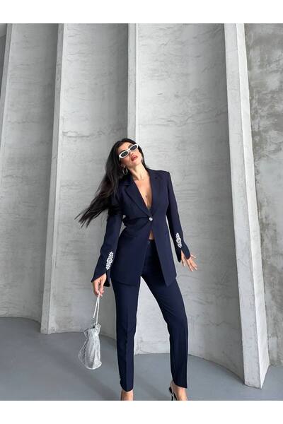 SUXİRCNHTMTS Kadın Şık İkili Takım Taş Detaylı Blazer Ceket & Boru Paça Pantolon