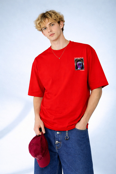 caddekombin Tricou roșu cu imprimeu grafic neon cu bustul lui David pentru bă...