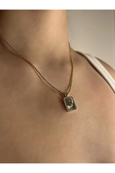 Nilly Jewelry 14K Zirkon Taşlı Dikdörtgen Gold Kolye