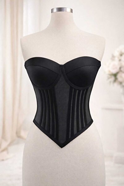 FİYPER Черен прозрачен корсет с банели, готов за носене, размер M, деколте