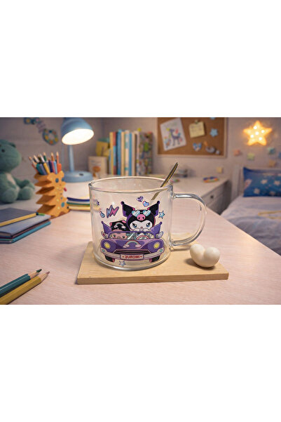 Two Two Kuromi Patterned Glass Cup |   Fun Mug Coaster & Spoon Gift for Kids ...