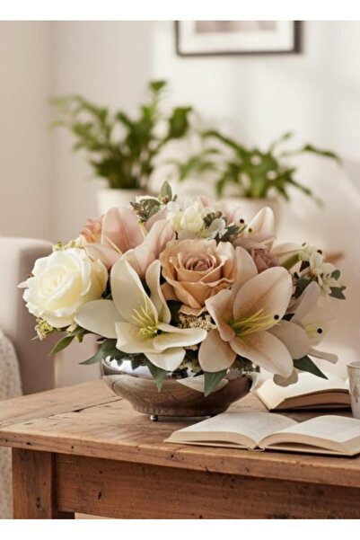 Nettenevime ترتيب زهور صناعية بلون فضي مع مزهرية معدنية على شكل طبق طائر، زهر...