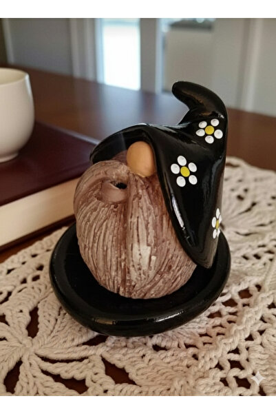 Şirin Hediyelik Papatya Desenli Siyah Konik Cüce Tütsülük - El Yapımı