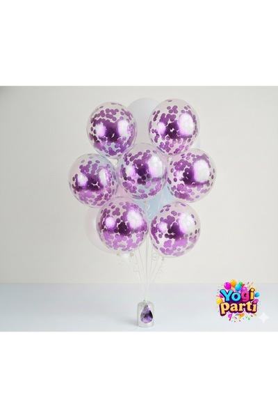 Yogi parti Mor Konfetili Şeffaf Balon Seti 10 adet Şeffaf balon 1 adet mor pul