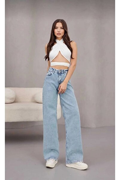 TRENDNATUREL Sahra Light Blue Snow Wash Lycra High Waist Palazzo Loose Jean T...