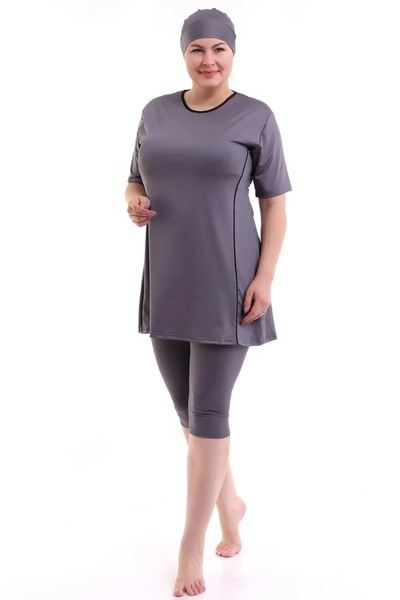 SUERTO Kısa Kol Yarı Kapalı Tesettür Mayo Büyük Beden (İç Kısmında Dikili Göğ...