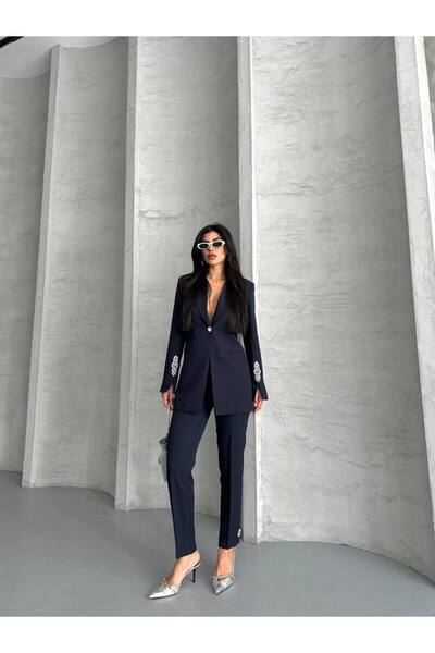 SUXİRCNHTMTS Set două piese pentru femei, blazer cu detalii din pietre și pantaloni cu croială dreaptă, stil șic