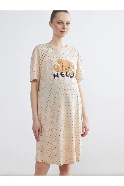 LC Waikiki Beige Crew Neck Polka Dot Maternity Nightgown (S6)
