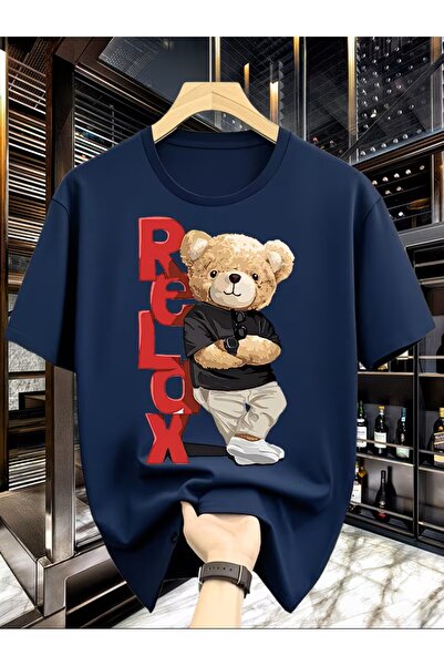 oneagılyazı Comfortable Bear Pattern, Trendy, Simple, and Creative Men's Roun...