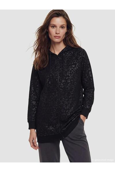 LC Waikiki Black Hooded Patterned Women's Zippered Sweatshirt (S6)