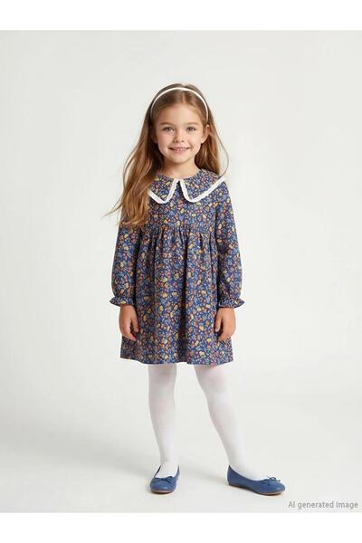 LC Waikiki Тъмносиня рокля с бебешка яка и флорални мотиви за момичета (S6)