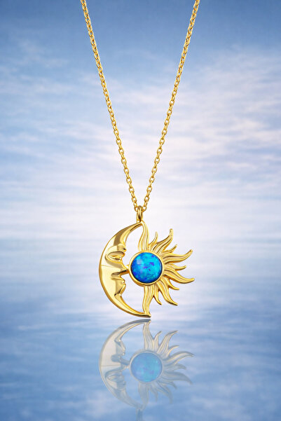 KAR DİAMOND 14 Ayar Altın Zincirli Güneş Ay Opal Mavi Taşlı Kadın Kolye - Ser...
