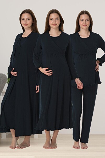 Lohusa Homewear Set de pijamale pentru femei, albastru marin, cu două pieptur...