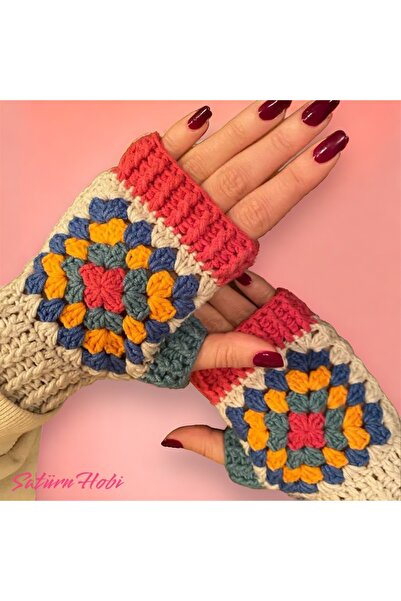 satürn hobi örgü tasarım Knitted Bohemian Motif Fingerless Gloves