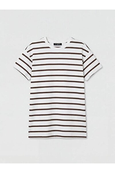 LC Waikiki Καφέ γυναικείο μπλουζάκι με ριγέ λαιμόκοψη (S6)