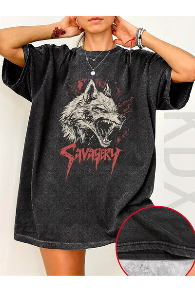 Le Savu Washable Savasery Printed Unisex Oversize Vintage T-Shirt