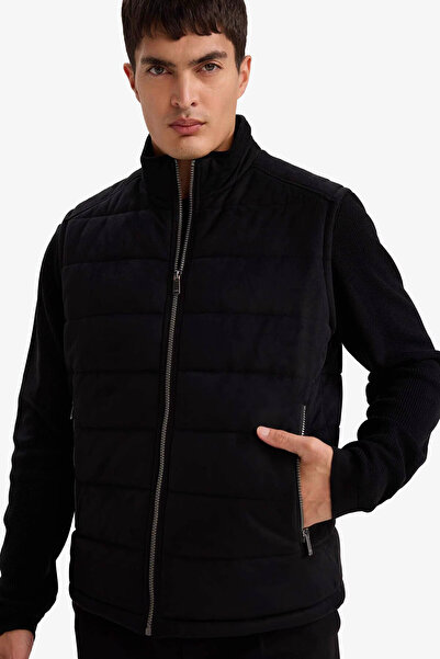 DeFacto Vestă pentru bărbați, slim fit, căptușită, din piele întoarsă, neagră...