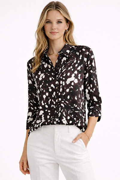 Vera Boutiqe Kadın Kahve-Ekru Desenli Klasik Yaka Rahat Kesim Gömlek