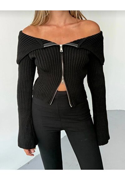 Butik Karaca سترة نسائية محبوكة من تيريكو بياقة بادي وياقة عالية قصة فضفاضة م...