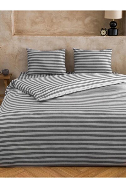 LC Waikiki طقم غطاء لحاف مزدوج بنمط خطوط رمادية (S6)