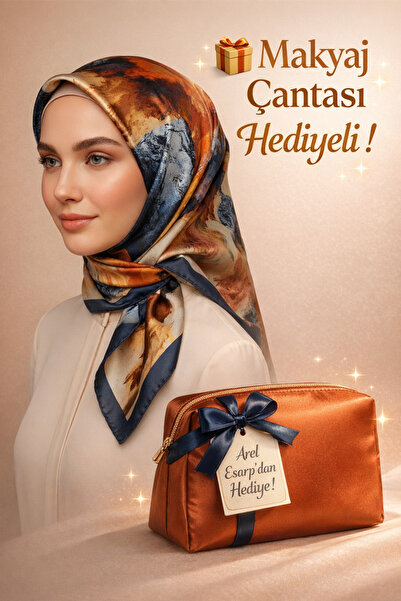 Levidor 90X90 Silk-Look Navy Blue - Brown Colored Scarf - Non-Slip Twill Styl...