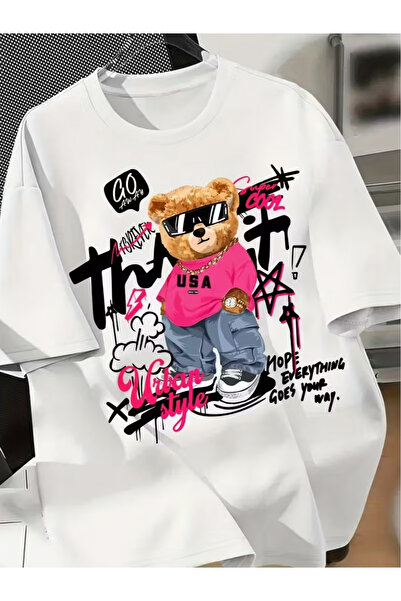 GHZAL Home Collection Unisex casual short sleeve teddy print oversized t-shir...