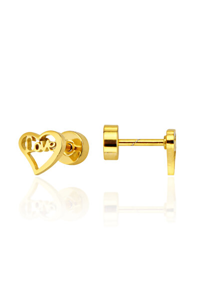 Cosmia Shine Kadın Paslanmaz Çelik Kalp Figürlü Love Yazılı Kararmaz Vidalı Küpe