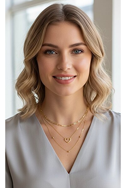 Larius Jewelry Altın Kaplama 3’lü Şık Kolye Seti , Kalp Uçlu Top Zincirli Kol...