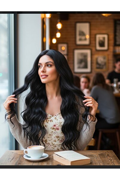 Handmade Siyah Uzun Dalgalı Fiber sentetik peruk, gerçek görünümlü sentetik p...