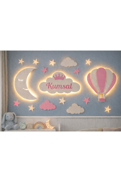 Diyar Tasarım İsimli Bebek Odası Duvar Süsü – Ahşap Bulut Ay ve Balon – LED I...