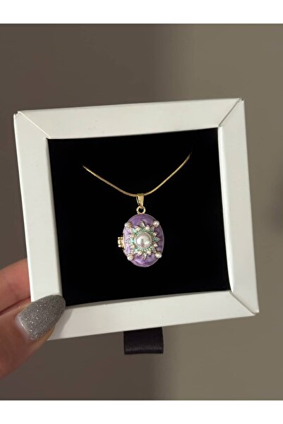 h&b design jewel Çelik Lila İncili Kapaklı Kolye