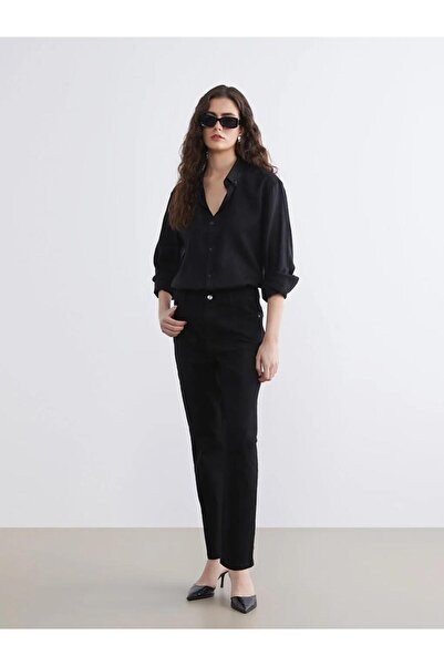 LC Waikiki Pantaloni negri din denim pentru femei, cu talie elastică, model s...