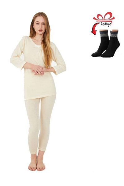 Velora Shopping Kadın Uzun Kol Saf Yünden Fanila Takımı+Bilek üstü yarım çora...