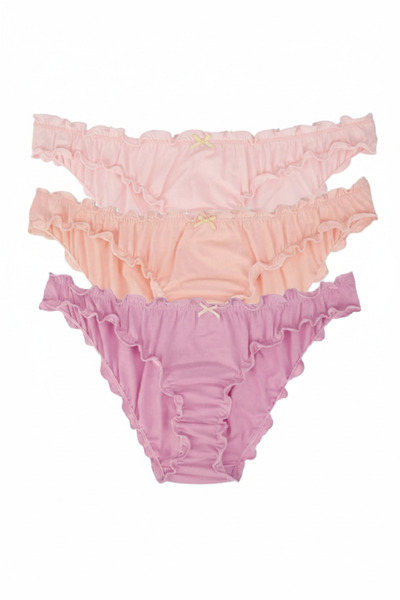 Dominant Kadın 3'lü Paket Pamuklu Fırfırlı Bikini Külot Seti - Somon Mor Pembe