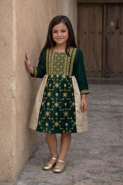 La reina petite Royal folk dress in green and gold