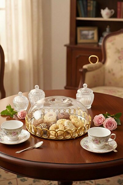 Yavuzhan Metal Halka Detaylı Kapaklı Sunum Tepsisi – Pasta & Tatlı Servisi