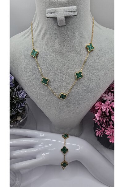 ahsenaksesuar2025 Büyük Boy Yeşil Van Cleef Yonca Model Gold Renk Paslanmaz Ç...