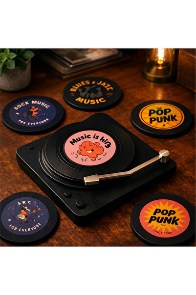 Miu Nostaljik Temalı - Eski Plak Çalar, 6'lı Bardak Altlığı 12x12