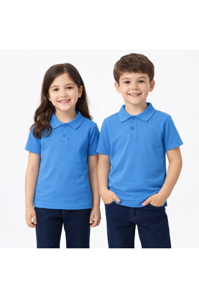Stero Mavi (gökmavisi) Okul Tişörtü Unisex Kısa Kollu Polo Yaka Pamuklu Düz Renk