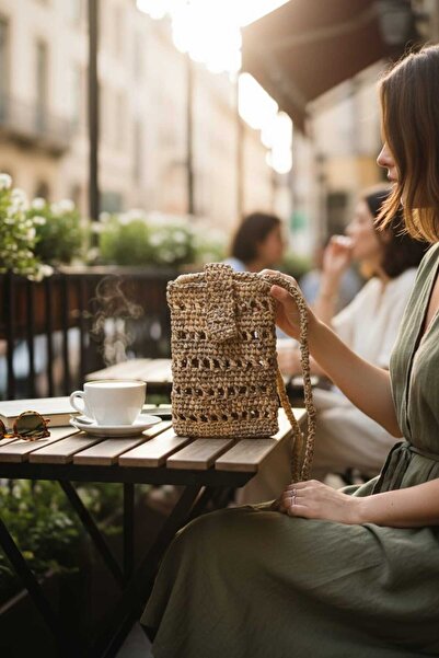 Tokuşka Raffia Knitted Cover Double Color Cross Shoulder Phone Bag